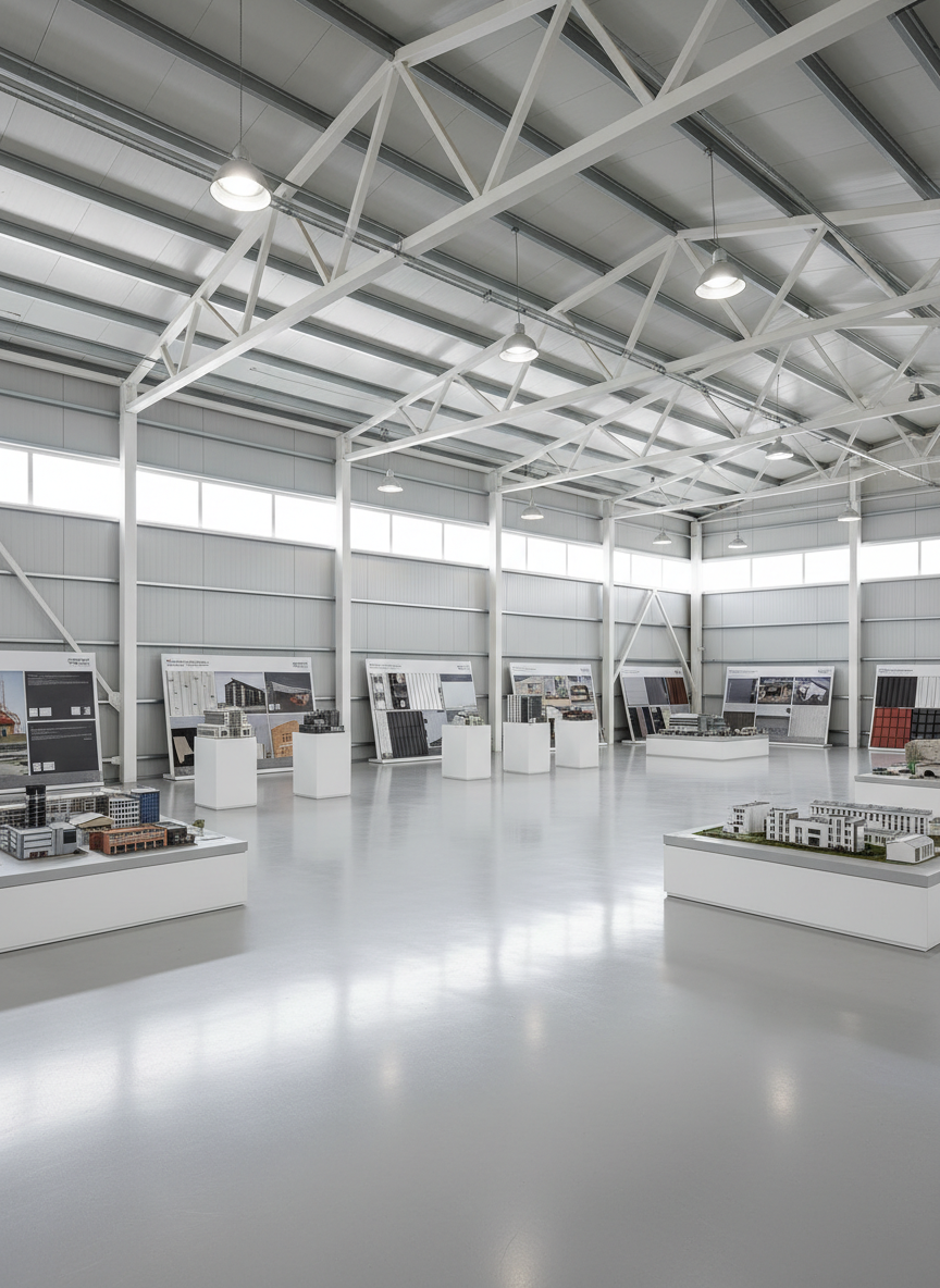 A precision-rendered interior of a prefabricated steel hangar converted into a spacious showroom for steel construction systems, with full-height steel trusses spanning across, painted in a pristine white against light gray insulated wall panels. The polished epoxy floor in a subtle light gray reflects the lines of the structure. Along the sides, scale models of various steel building types and sample wall and roof panels are displayed on minimalist plinths, all without any human presence. Daylight pours in from high clerestory windows, supplemented by evenly spaced LED high-bay fixtures, creating a bright, neutral illumination. Photographic realism from a slightly elevated corner angle highlights volume and clarity. The mood is innovative, educational, and highly professional, suitable for an “Our Solutions” section visual.
