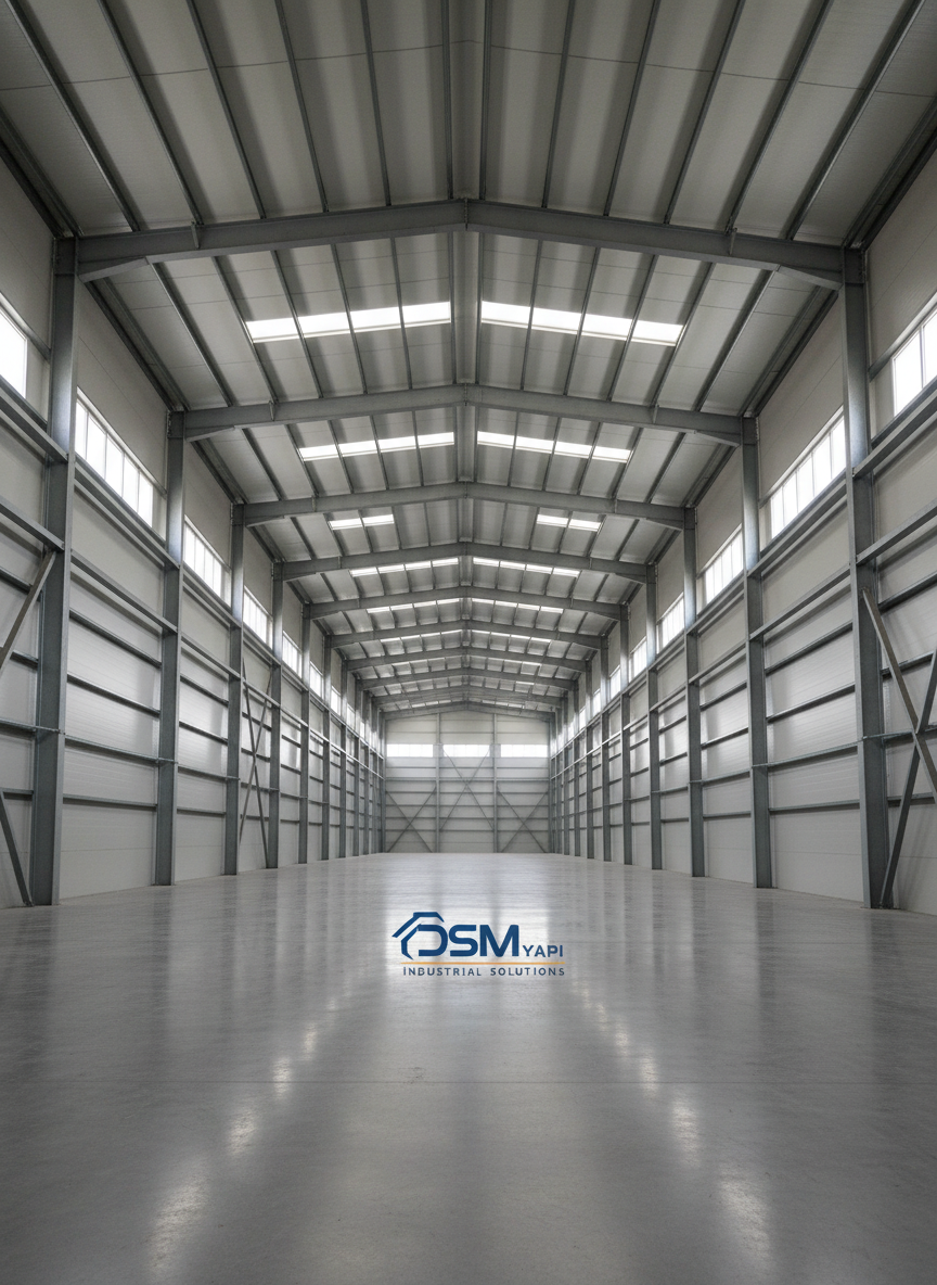 The interior of a spacious prefabricated steel warehouse, with tall, perfectly aligned galvanized steel columns and rafters forming a symmetric grid along the ceiling, and insulated sandwich wall panels in light gray creating a clean, orderly enclosure. The polished concrete floor subtly reflects the geometry of the structure. Natural daylight streams through translucent roof panels and high side windows, casting soft linear highlights along the beams and creating a bright, efficient working atmosphere. Photographic realism from a central eye-level viewpoint emphasizes depth and structural rhythm, with sharp detail from foreground to background. The mood is orderly, functional, and trustworthy, showcasing the engineering precision and durability of Dsm Çelik Yapı’s industrial solutions.