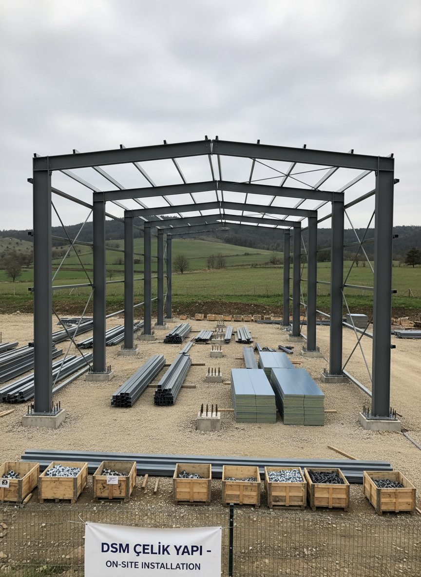 A rugged construction site scene focused on the assembly of a prefabricated steel building, showing several steel portal frames already erected and aligned on freshly cast concrete foundations with visible anchor bolts and base plates. Around the structure lie neatly stacked steel profiles, insulated sandwich panels, and organized crates of fasteners, all set on compacted gravel. The background features a gentle hillside and an overcast sky providing soft, shadowless light that clearly reveals shapes and textures. Photographic realism from a ground-level wide-angle perspective emphasizes the height and sequence of the frames. The atmosphere communicates progress, reliability, and technical control, illustrating Dsm Çelik Yapı’s on-site installation phase without any machinery operators or workers visible.