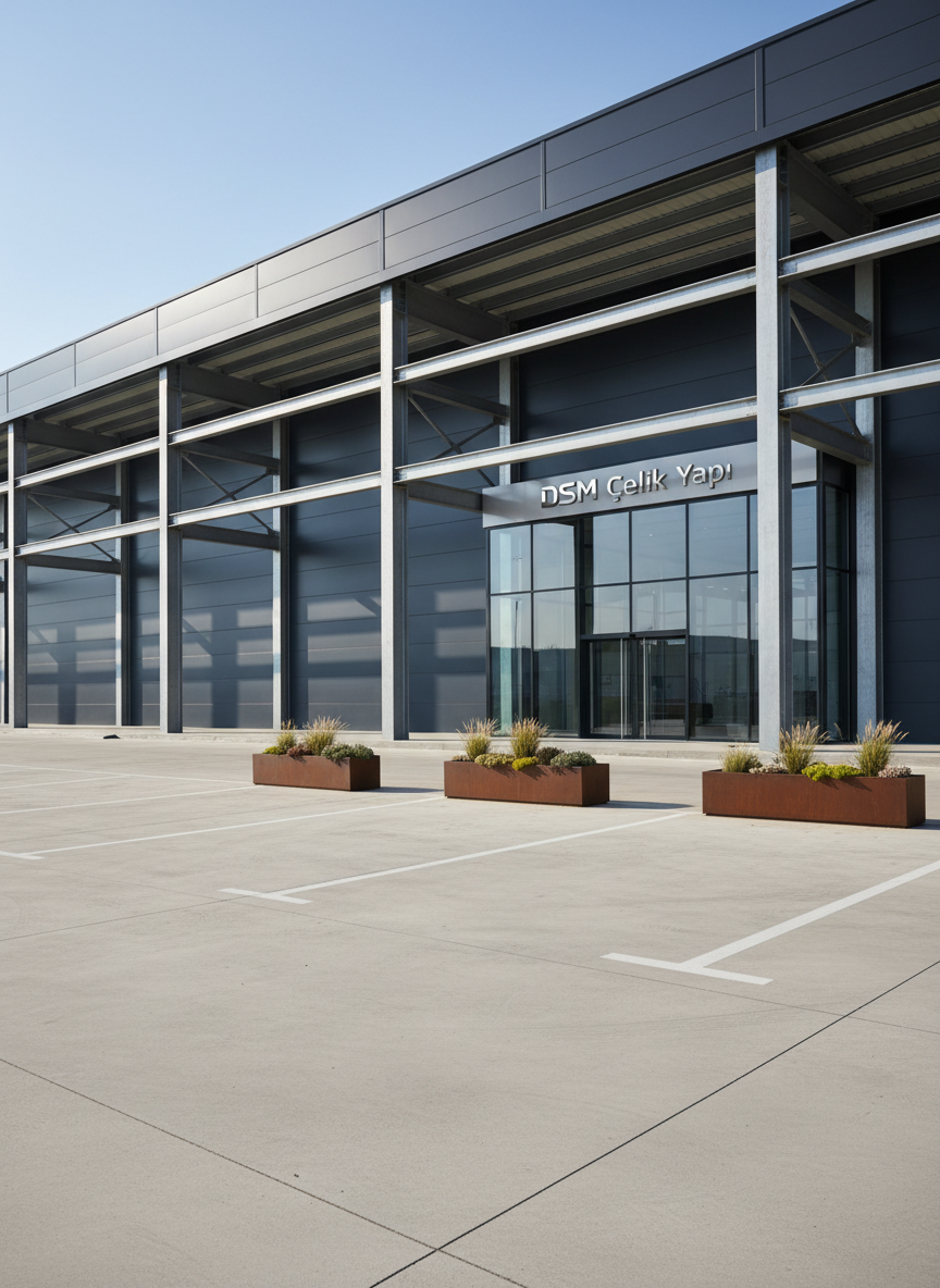 A modern industrial steel structure showroom exterior, featuring a large prefabricated steel building with dark gray insulated panels, exposed galvanized steel beams, and a clean glass entrance displaying the "Dsm Çelik Yapı" logo on brushed metal signage. The building stands on a perfectly leveled concrete apron with neatly painted parking lines and a few minimalist planter boxes with low greenery. Captured in bright but slightly diffused afternoon daylight under a clear blue sky, the steel surfaces catch subtle reflections, emphasizing precision and quality. Photographic realism from a slightly low, wide-angle perspective showcases the entire facade and roof lines, with sharp focus throughout. The atmosphere feels professional, reliable, and high-end, ideal for a homepage hero image representing expertise in steel and prefabricated structures.