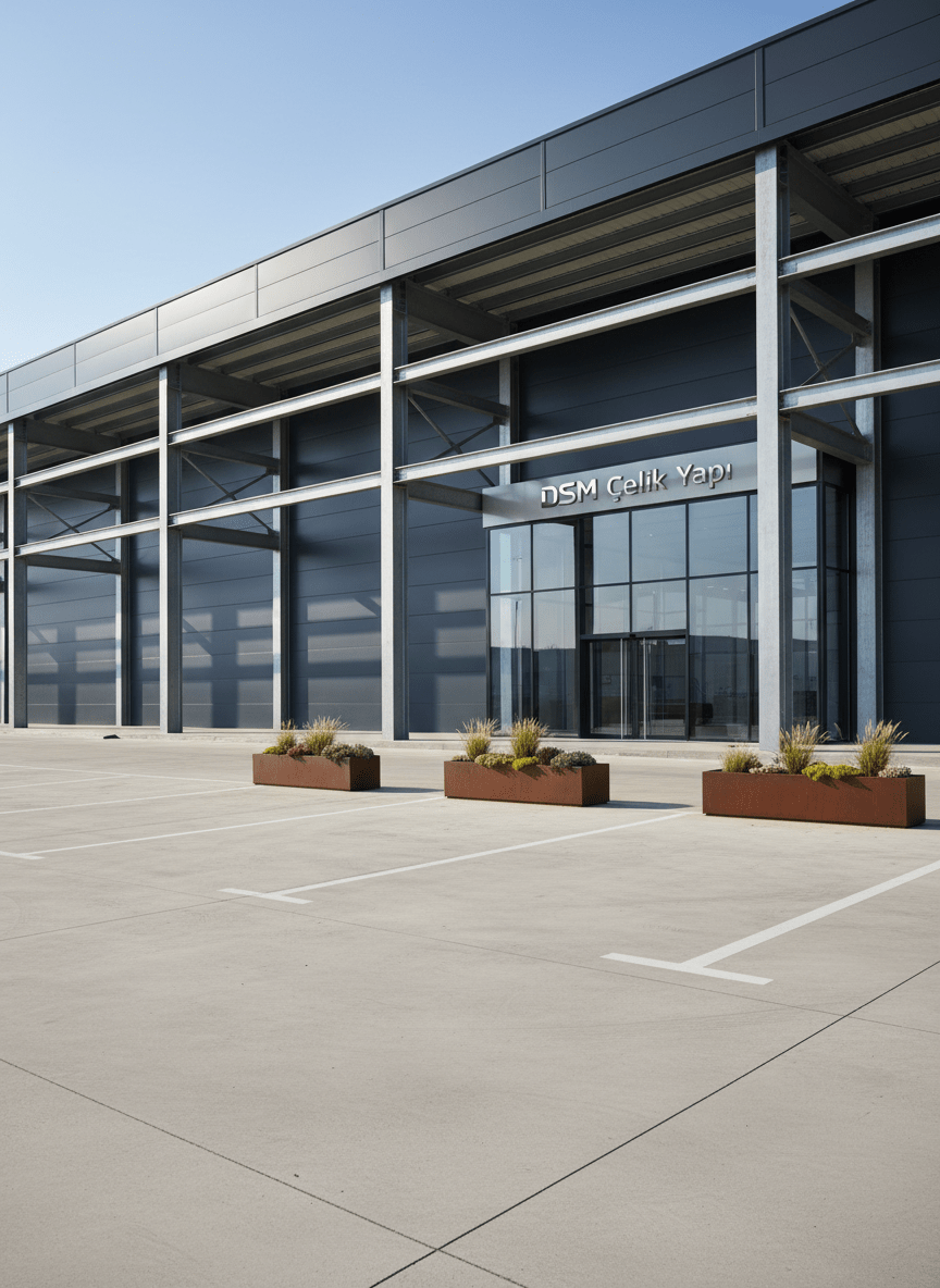 A modern industrial steel structure showroom exterior, featuring a large prefabricated steel building with dark gray insulated panels, exposed galvanized steel beams, and a clean glass entrance displaying the "Dsm Çelik Yapı" logo on brushed metal signage. The building stands on a perfectly leveled concrete apron with neatly painted parking lines and a few minimalist planter boxes with low greenery. Captured in bright but slightly diffused afternoon daylight under a clear blue sky, the steel surfaces catch subtle reflections, emphasizing precision and quality. Photographic realism from a slightly low, wide-angle perspective showcases the entire facade and roof lines, with sharp focus throughout. The atmosphere feels professional, reliable, and high-end, ideal for a homepage hero image representing expertise in steel and prefabricated structures.