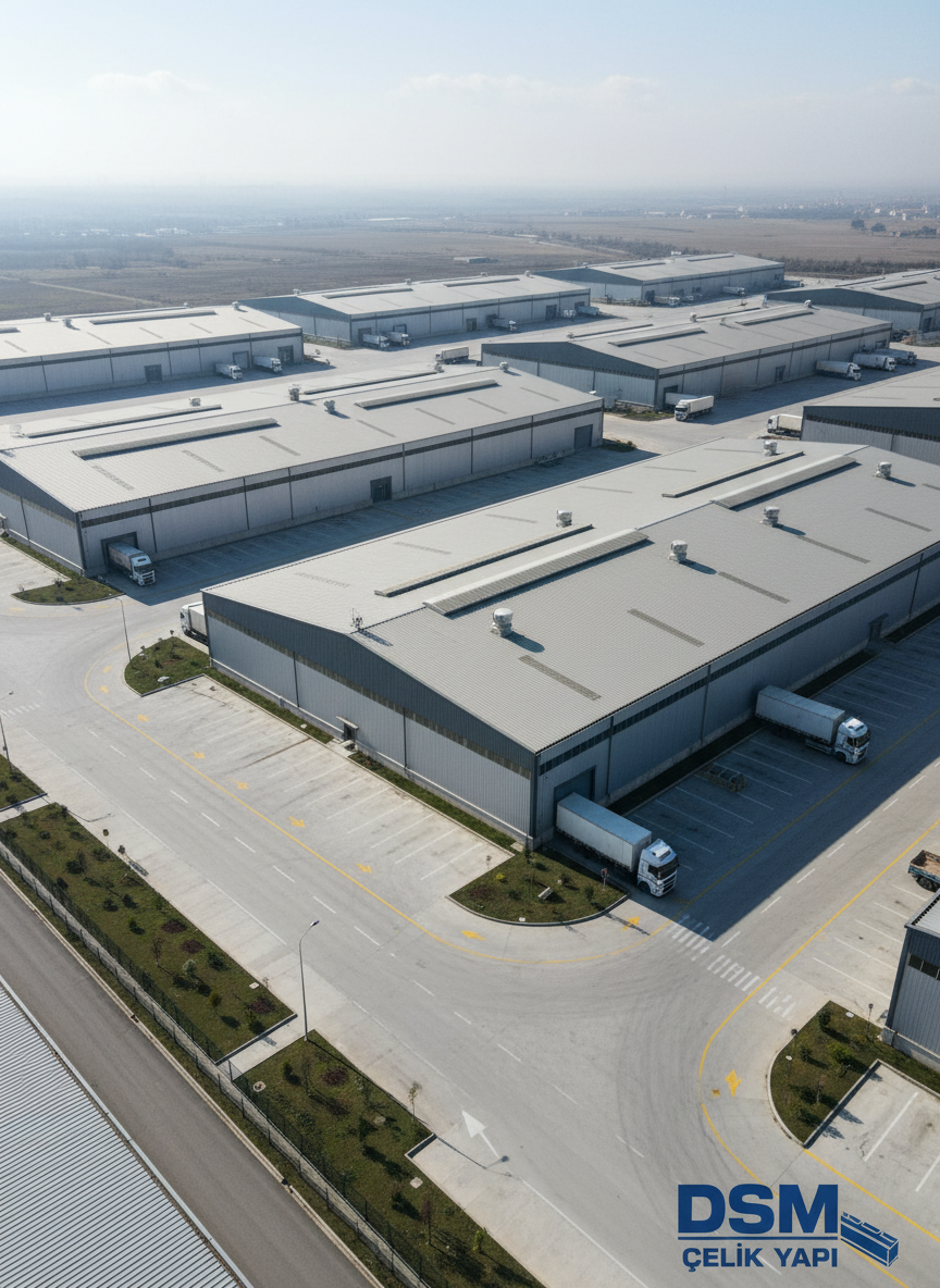 An expansive bird’s-eye view of a steel-structured industrial complex consisting of multiple prefabricated halls with gabled roofs, arranged efficiently on a clean, paved site. Each building features light gray roof and wall panels with darker ridge caps and trims, and clearly visible roof ventilators and skylight strips. The surrounding yard shows organized loading bays, turning areas, and neatly marked traffic lanes, bordered by simple perimeter fencing and sparse landscaping. Captured in bright midday sunlight under slightly hazy skies, the buildings’ roofs show subtle tonal variations and crisp shadow lines along the eaves. Photographic realism with high resolution and wide framing emphasizes scale, planning, and logistics. The atmosphere is organized, robust, and forward-looking, ideal for showcasing Dsm Çelik Yapı’s capacity for large-scale industrial steel projects.