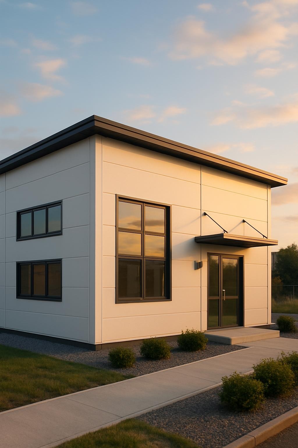 A medium-sized prefabricated steel office building set on a landscaped industrial plot, with clean white insulated panels, dark anthracite window frames, and a flat steel roof with subtle overhangs. Wide, energy-efficient windows reflect a lightly clouded sky, while a simple concrete pathway with neatly edged gravel and low shrubs leads to a glass entrance door accented by a minimalist steel canopy. Captured during golden hour with warm sunlight grazing the facade, creating soft gradients and gentle shadows that highlight panel joints and precision alignment. Photographic realism with a three-quarter front angle and balanced composition. The mood is contemporary, professional, and welcoming, conveying how Dsm Çelik Yapı’s prefabricated buildings can provide modern office environments with both functionality and aesthetic appeal.