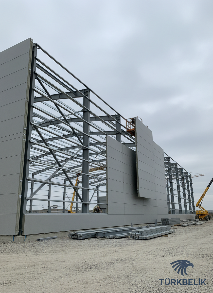 Wide-angle view of a modern prefabricated steel industrial building under construction, showing structural steel frames, galvanized beams, and insulated wall panels being installed, clean site, overcast neutral light, no people, corporate style for a Turkish steel construction company website