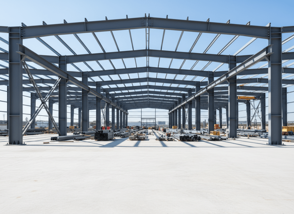 A large, modern steel industrial building structure under construction, featuring a precise grid of grey galvanized steel beams and columns bolted together with visible high-strength connections. The framework rises from a clean, leveled concrete foundation on a spacious construction site, with stacks of neatly arranged steel profiles and tools in the background. Captured in bright daylight with clear, neutral skies, the sunlight creates crisp highlights along the edges of the steel and soft shadows beneath the beams. Shot at eye level with a wide-angle lens for photographic realism, emphasizing clean lines, symmetry, and engineering precision, conveying a professional, reliable, and technically advanced atmosphere suitable for a steel construction company homepage hero image.