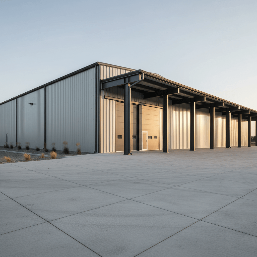 A detailed architectural visualization of a completed modern steel warehouse building, with a crisp light grey metal facade, dark anthracite trim, and large sliding doors framed by robust steel columns. The building sits on a smooth concrete apron with carefully marked expansion joints, surrounded by a minimal, tidy industrial landscape. Late afternoon sunlight bathes the facade in a warm yet neutral glow, creating gentle shadows that accentuate the steel framing lines. Shot from a corner perspective at eye level in photographic realism, the composition follows the rule of thirds, highlighting both the main entrance and the long side elevation. The mood is professional, stable, and trustworthy, showcasing the final result of quality steel construction.