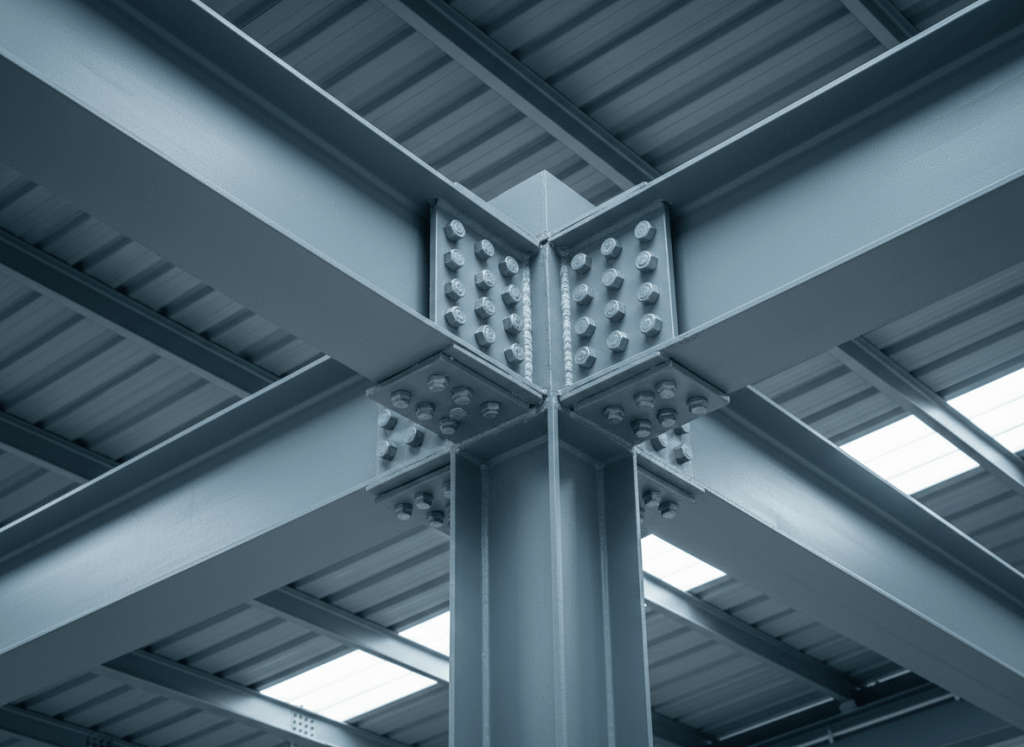 An immaculate close-up view of intersecting steel trusses in a large-span industrial roof system, showcasing meticulously welded joints, evenly spaced bolts, and the smooth, metallic texture of painted structural steel members. The background reveals a blurred hint of corrugated metal roofing panels and skylights. Cool, diffused daylight enters from above, highlighting subtle reflections on the steel surfaces and casting delicate linear shadows. Photographed from a slightly low angle to emphasize strength and stability, with a sharp focus on the connection details. The mood is technical, precise, and highly professional, in a clean, modern photographic style, ideal for communicating engineering expertise and quality in steel structure design and fabrication.
